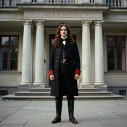 an image of a archduke inside the 𝘕𝘢𝘵𝘪𝘰𝘯𝘢𝘭 𝘈𝘳𝘵𝘴 𝘊𝘦𝘯𝘵𝘳𝘦 in a medium full shot, vintage historical fantasy 1 9 3 0 s kodachrome slide russian and japanese mix, with fair skin, long, wavy dark brown hair, and