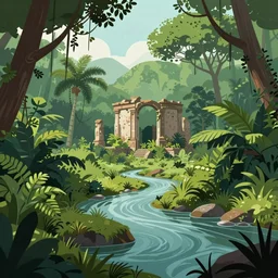 a lush jungle near the river and old ruin, Digital Matte Illustration by RHADS and asher brown durand