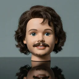 stalin as a doll, artdoll, big eyes, grin, portrait by greg hildebrandt, studio lighting, muted colors, by terry richardson, handmade, by beeple, ultrarelistic, extreme detail, reflections, trending on artstation, 8 k