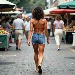 color photo, view from behind, a beautiful muscular woman walking on the market district, summer, 1 9 9 0 s photograph magazine