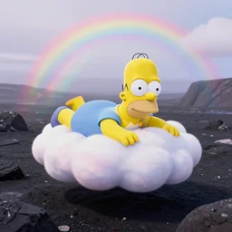 high quality pastel coloured film close up wide angle photograph of homer simpson wearing clothing swimming on cloud furniture in a icelandic black rock environment in a partially haze filled dreamstate world. three point light, rainbow. photographic production. art directed. pastel colours. volumetric clouds. pastel gradient overlay. waves glitch artefacts. extreme facial clarity. 8 k. filmic.