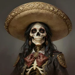 painted portrait of beautiful and cute smiling rugged undead skeleton girl wearing wide mexican sombrero, fantasy, intricate, elegant, extremely detailed digital painting trending artstation concept art heroic portrait sharp focus, illustration, art by artgerm, greg rutkowski magali villeneuve gaston bussiere