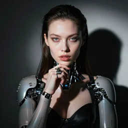 hyperrealistic pose of an stunning cyborg contemplating eating, ultra high face symmetry, masterpiece, award - winning, by rachel ruysch, todd schorr, beth cavener, chiaroscuro cast shadows obscuring features, dramatic lighting perfect composition masterpiece