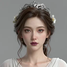 complex 3 d render, ultra detailed, realistic headshot portrait of a beautiful porcelain skin woman, face, wispy, wavy hair worn tied back in a messy bun, wearing filigree silver elven circlet, white chiffon dress, detailed open eyes, round catchlights, flowers in hair, mauve lips, 8 5 mm lens, beautiful, studio portrait, proportional,