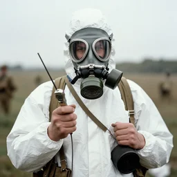 man in a anti-radiation hazmat suit and optical gasmask holding geiger counter, ww1 film photo, grainy, high detail, high resolution
