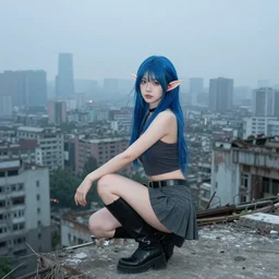 breathtaking photo of an attractive young asian elf woman with pointy ears and blue hair, wearing a miniskirt and knee-high boots, crouching in an endlessly sprawling hazy abandoned city at night