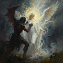 there stands a benevolent celestial being in the midst of a horizontal scene. evil and badness attack the celestial being from one side, but from his other side emerges light and life. the celestial being is a conduit | painting by craig mullins
