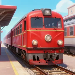 a old red train parked in a train station, anime style, pixar and disney style, cartoon, high coherence, highly detailed, high quality, 4 k, symmetrical, low contrast, soft lighting, path traced, high color vibrance, hyperrealistic, digital art, concept art, trending on deviantart, masterpiece, digital painting, serene scene, vintage, elegant