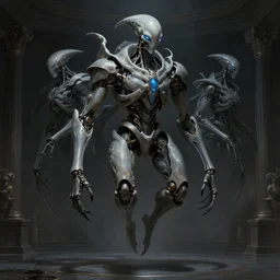 professional concept art portrait of a ominous floating robotic species in a dark room by artgerm and greg rutkowski. an intricate, elegant, highly detailed digital painting, concept art, smooth, sharp focus, illustration, in the style of cam sykes.