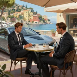 two criminals wearing suits sitting in a cafe in the italian riviera with a bmw i 8 parked next to them, digital painting, amazing detail, artstation, in the style of greg rutkowski