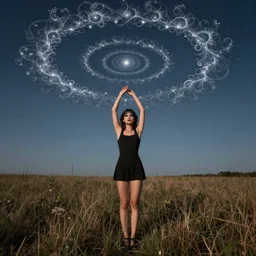 full body photograph of an attractive!!!! nervous girl wearing beautiful makeup standing in a field with her arms in the air, binary star system with rings made of intricate fractal!!!! patterns above her in the sky, by charlie bowater. 7 0 mm