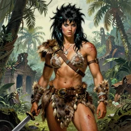 Muscular 23-year-old girl wearing barbarian caveman pelt, cavewoman, pelt, battle scars, scars, electrified hair, wild spiky black Saiyan hair, primeval jungle, palm trees, ruined buildings, 1987 pulp art, illustration by Frank Frazetta, hyper-detailed, ultra-detailed