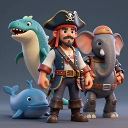3 d model of 🐋🐙🦖🤖🐘🐳 as a pirate, portraiture, zbrush, mari, arnold, xgen, houdini, blender, render, photorealism, hyperrealism, character design, portraits, r 3 ds wrap, unreal engine 5, octane, smooth