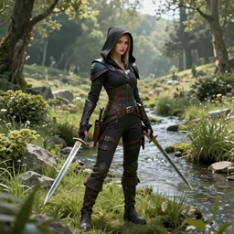 a beautiful female fantasy dnd rogue standing by a stream in a lush valley, holding both her daggers, hooded character, fine digital art, extreme detail, highly complex, very intricate, volumetric lighting, long grass, bushes, trees, godrays