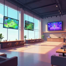large empty lounge with tall windows, bar, screens, gameplay still frame, 4 colors, pixel art, futuristic, splash screen, level design, high contrast, background, deep focus, highly detailed, dramatic lighting, digital painting, artstation, concept art, matte, greg rutkowski, moebius.