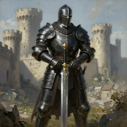 a giant medieval knight in black armor wielding a greatsword with both hands and a castle in the background. featured on artstation. painting. extreme detail