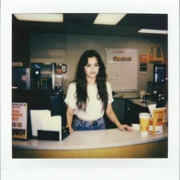 selena gomez working the front counter of mcdonald's ready to take your order, eighties polaroid, flash photography, photorealistic, kodachrome