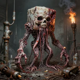 pencils of brutalist medical, flayed elder ruin, dead god, unsymmetrical, horror squid cube colossus, surrounding med equipment, abandoned filthy, chemical burns, rusted, macerated, eviscerated by fimbria wires, by v finlay, wayne d barlowe, stefano tamburini, geof darrow, torch light, muted colors, epic,
