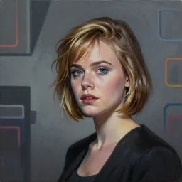 Elle Fanning in an 80s sci-fi picture by Sachin Teng, asymmetrical, dark vibes, Realistic Painting , Organic painting, Matte Painting, geometric shapes, hard edges, graffiti, street art:2 by Sachin Teng:4