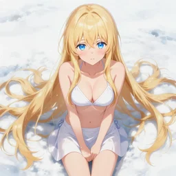 winter picture : a shivering very beautiful grown blond anime girl, extremely long blond hair that covers the ground, extremely long blond hair that covers the ground, extremely long blond hair that covers the ground, extremely long blond hair that covers the ground, extremely long blond hair that covers the ground detailed sky blue eyes, cute, bikini, white miniskirt, highly detailed, cinematic wallpaper by stanley art