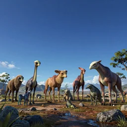 landscape image with various different alien animals, extremely detailed digital matte painting, clear skies, night, vibrant, stunning lighting