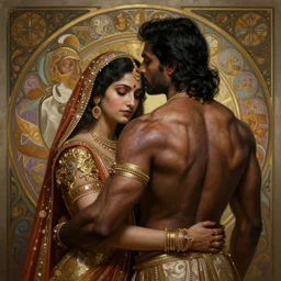 portrait painting of dark muscular indian royal couple hugging from behind, ultra realistic, concept art, intricate details, eerie, highly detailed, photorealistic, octane render, 8 k, unreal engine. art by artgerm and greg rutkowski and alphonse mucha