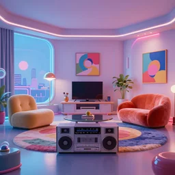 3 6 0 degree panorama retro futuristic apartment, 7 0 s hi fi system, funky designer furniture, modern art, cgisociety, 8 k uhd uhdr