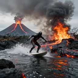 person in armor surfing down a river of lava on the side of a volcano on surfboard, action shot, dystopian, thick black smoke and fire, motion blur, sharp focus, cinematic, tilt shift lens