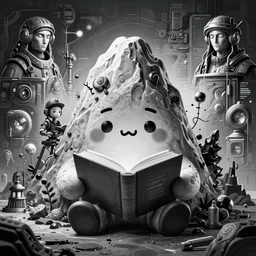 a cute mountain with a cute face is reading a book, duotone dark scifi illustration. character design. cinematic lighting mad scientist style. golden ratio accidental renaissance. by sergey kolesov and ruan jia and heng z. graffiti art, scifi, fantasy, hyper detailed. octane render. concept art. trending on artstation