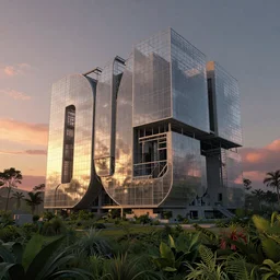 brutalist architecture, surrounded by lush green vegetation, stunning volumetric lighting, sunset, metal, concrete, translucent material, stunning skies, 8k, photorealistic, hyper detailed, unreal engine 5, IMAX quality, cinematic, epic lighting, digital painting in the style of DOOM, by Greg Rutkowski, trending on Artstation
