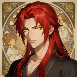 portrait of hisoka morow hunter hunter, male, very very sharp jaw yellow eyes very very narrow sultry eyes red hair soft hair swept back crimson medium length hair, anime, fantasy, intricate, elegant, highly detailed, digital painting, artstation, concept art, matte, sharp focus, illustration, art by artgerm and greg rutkowski and alphonse mucha