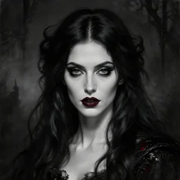 highly detailed oil painting | very intricate | cinematic lighting | black, white and blood color scheme, dark background | portrait of a exquisite beautiful vampire woman with long elegant tangles of black hair, eyes, gothic fog ambience, hyper realistic head, fantasy victorian art, in the style of greg rutkowski, zdizslaw beksinski, intricate, alphonse mucha