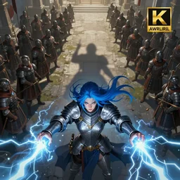 top down scene, of a distant shadowy female knight, shooting electricity from her hands, at a large roman army in the background, symmetrical face, cobalt blue hair, fantasy, medieval, digital art, trending on art station, 8 k resolution, award - winning photo,, highly detailed scene, powerful imagery, vibrant art