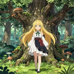 kirisame marisa from touhou in a forest with wise oak treant adorned with fungi like mycelium branches highly detailed by Agostino Arrivabene, Albert Bierstadt, Albert Koetsier and Agnes Lawrence Pelton:3, trees covered with various mushrooms, bright vivid color hues:1, brown:-2