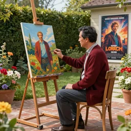 a middle aged man with black hair wearing a dark red cardigan sitting at a painting easel in his back yard, flowers everywhere, brick patio, hedges, movie poster, digital painting, trending on artstation, illustration, cinematic lighting, vibrant colors, photorealism, epic, octane render
