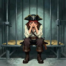 aesthetic full body digital illustration of a sad pirate hanging his head sitting on a prison cot by magali villeneuve, sitting in a prison, artgerm, centered, concept art, deviantart