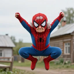 stunning dslr photograph of ( ( ( ( granny spiderman ) ) ) ) web slinging in rural russia town, knitted suit, dynamic pose, closeup, aperture 1. 2