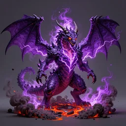 Dragon made out of molten lava, character design sheet, Monster Hunter Illustrations art book, fumes, bright purple electricity surround its body, smoke, ashes, bright fire eyes, Moebius, Greg Rutkowski, Zabrocki, Karlkka, Jayison Devadas, Phuoc Quan, trending on Artstation, 8K, ultra wide angle, zenith view, pincushion lens effect.