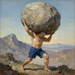 a painting of benjamin netanyahu as sisyphus, carrying large boulder on shoulders, large mountain, by franz stuck