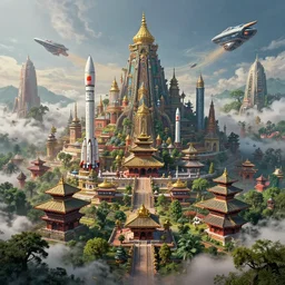 a beautiful and highly detailed digital art of nepal, detailed high buildings and rockets, nepali architecture buildings, futuristic spaceships, swirling mist, lush forests, intricate details, epic scale, insanely complex, 8 k, sharp focus, hyper realism, fantasy landscape, psychedelic, by caspar friedrich