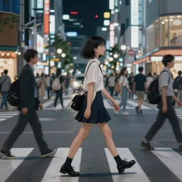 a realistic painting of an anime girl crossing a crowded street at night in the city of Tokyo. Gorgeous realistic lighting. Atmospheric. Digital painting. Artstation.