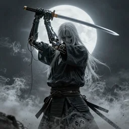 sci-fi samurai ghost, holding katana in his two hands over his head, wires hanging from kis limbs, moondust, halo, surrealism, hyperrealistic, 8k octane render, unreal engine by Craig Mullins, yoji shinkawa