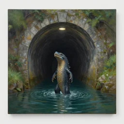 a beautiful landscape painting, a water monster stands at the mouth of a single lane tunnel with overhead lights, by sam guay, moody lighting, hyperrealism, 4 k, octane render