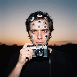studio portrait, man with dozens of eyes on his fave, detailed, horror. dusk, sunset, film photo, rollei 3 5 camera, tri - x film