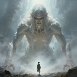 a beautiful terrifying immense pale humanoid giant looms over a tiny human. ethereal horror fantasy art, artstation, detailed, realistic