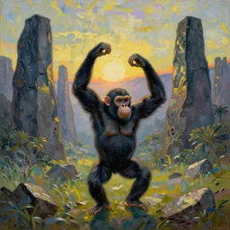 bright beautiful oil painting of a primitive ape tdancing in a valley with giant black monoliths at sunrise, light scatter, van gogh