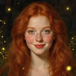 a highly detailed portrait of a red haired young woman, among golden fireflies and nature, by night, green eyes, round gentle face, hint of freckles, cheeky smile with red lips, deep focus, smooth, sharp, golden ratio, elegant, digital painting by artemisia lomi gentileschi, caravaggio, artgerm, alphonse mucha