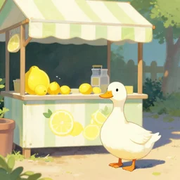 a duck standing next to a lemonade stand in the style of greg rutkowski