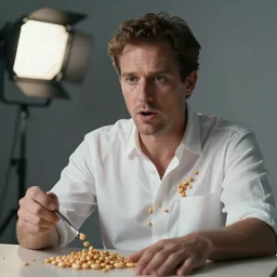 a man with beans spilt on his shirt while watching a movie, award winning photography, studio lightening