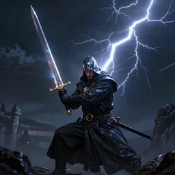 hyper realistic wizard holding a sword that’s pointed towards the sky, getting shocked by lightning, octane, trending on artstation, hyper realistic, highly detailed, unreal engine, 8k